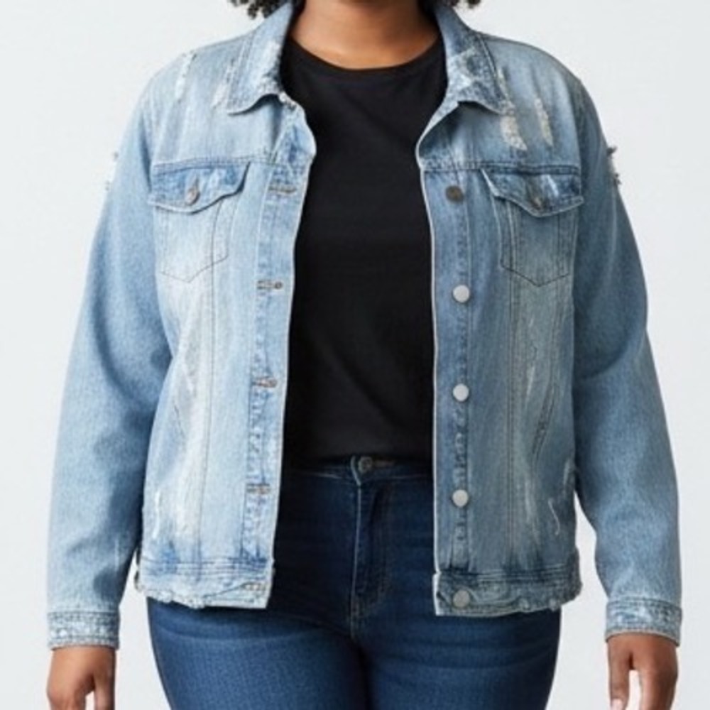 Jack +‎ Avery Womens 1X Distressed Denim Trucker Jacket Blue Cotton edgy grunge